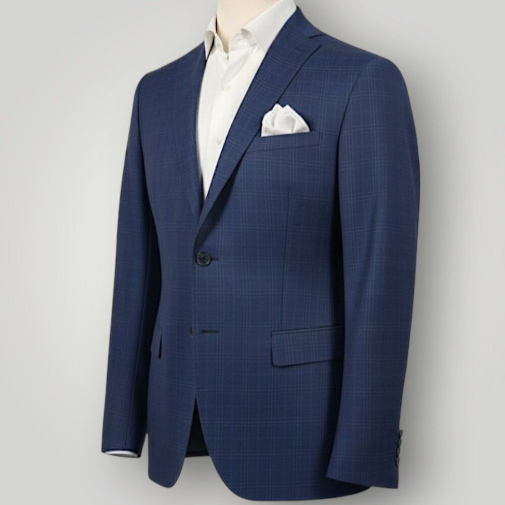 DKNY Mens Blazer Sport Coat Two Button Suit Jacket 44L Navy/Blue Plaid WOOL
